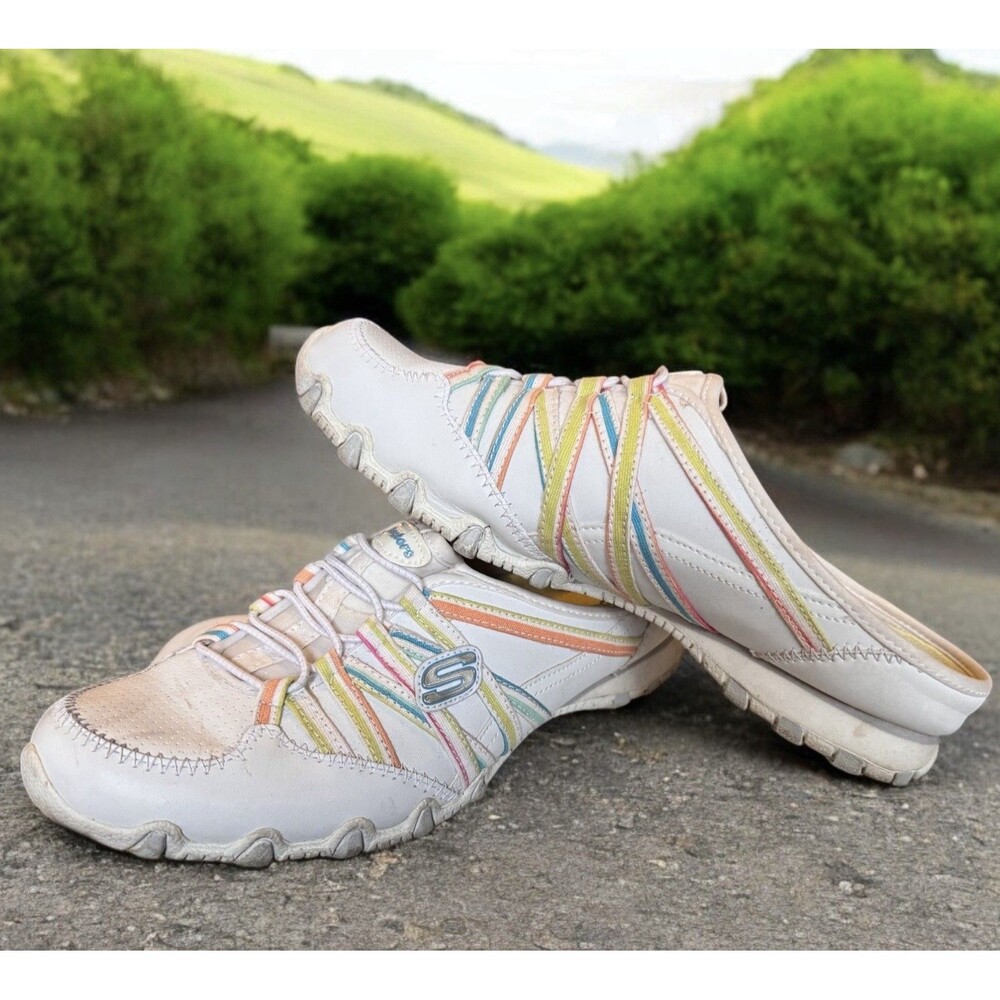 Retro Skechers Slip On Mules Women's Size 8.5 White Leather Bungee Comfort Shoes